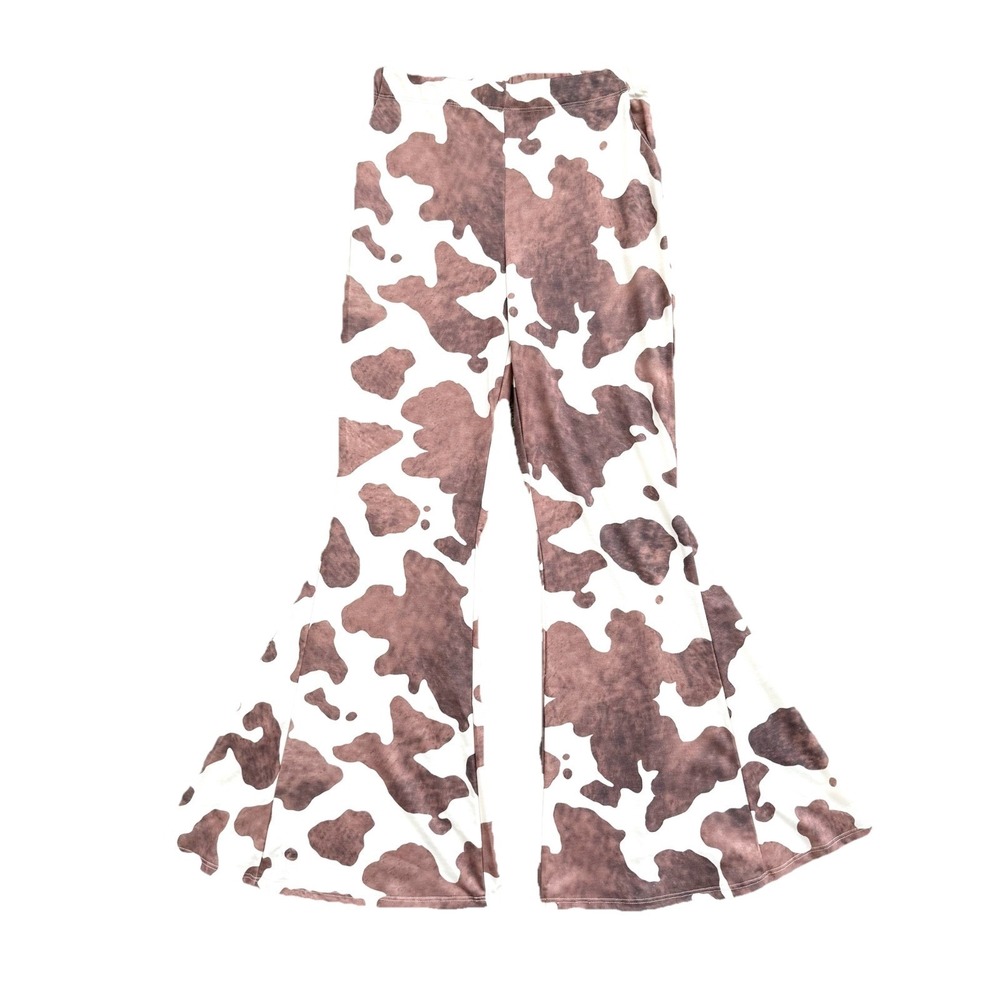 Cow Print Flare Pants Womens Large Stretchy Pull On Western Cowgirl Rodeo Rustic